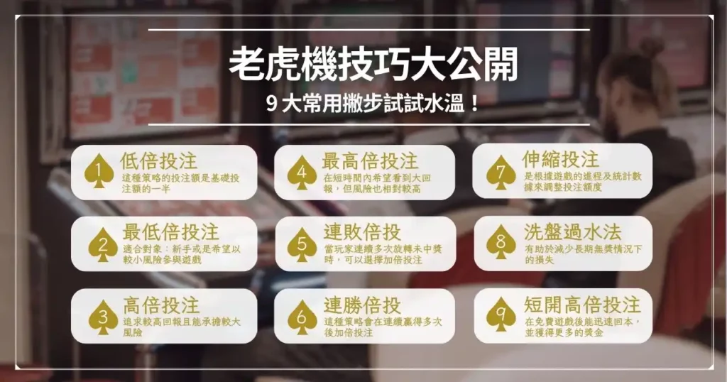 老虎機技巧有哪些?搭配 8 大老虎機訣竅讓機台瘋狂吐錢! 1 老虎機技巧大公開: 9 大常用撇步試試水溫!