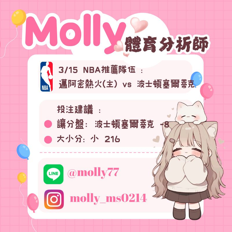 【NBA 賽事分析】Molly-NBA 戰績預測 3/15 邁阿密熱火(主) vs 波士頓塞爾蒂克 1 0315 1