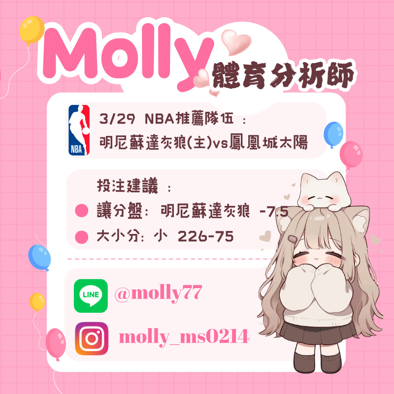 【NBA 賽事分析】Molly-NBA 戰績預測 3/29 明尼蘇達灰狼(主)vs鳳凰城太陽 1 0329 2