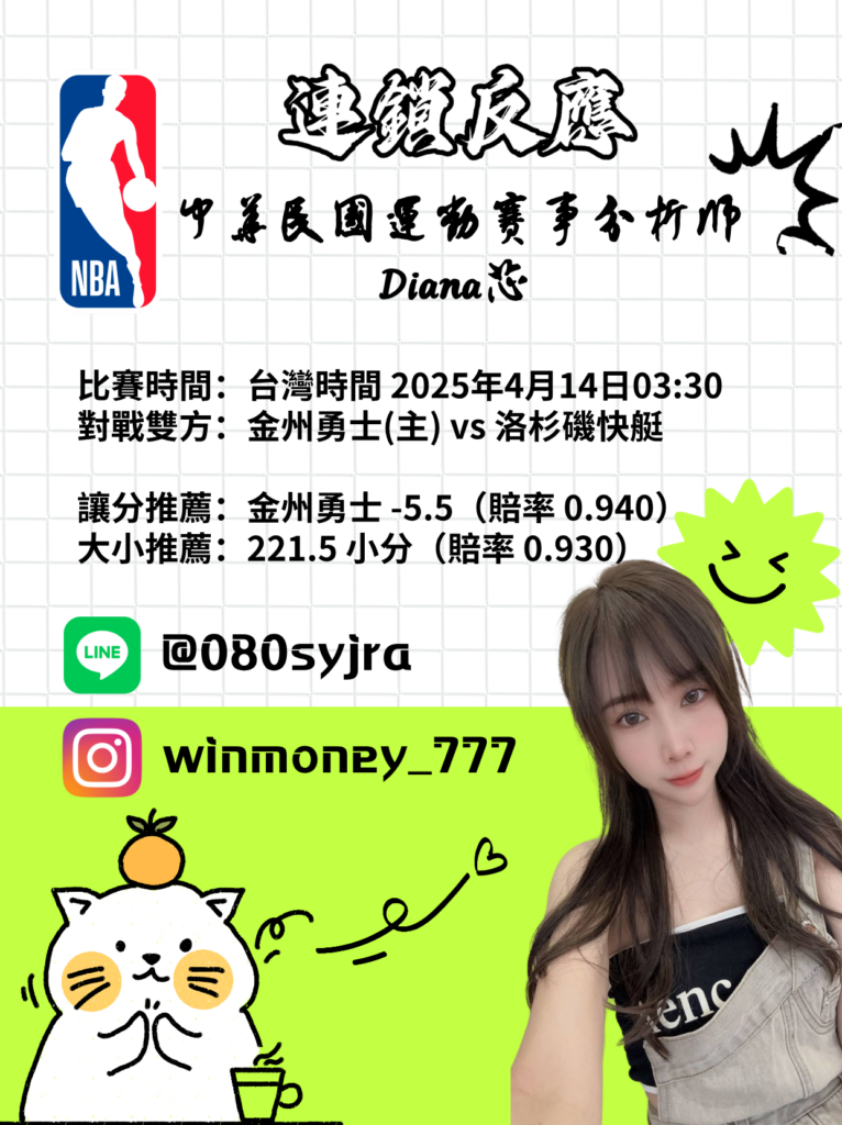 【NBA 賽事分析】Diana-NBA 戰績預測:4/14 金州勇士(主) vs 洛杉磯快艇比賽分析 1 扁平插画风打工好物推荐小红书大字封面 2025 04 1219 50 20